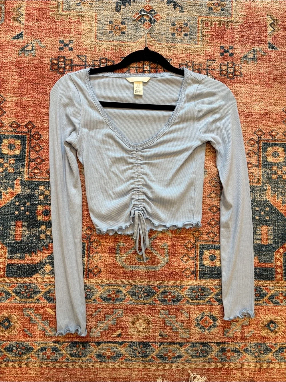 H&M Light Blue Ruched Drawstring Long-Sleeve Crop Top